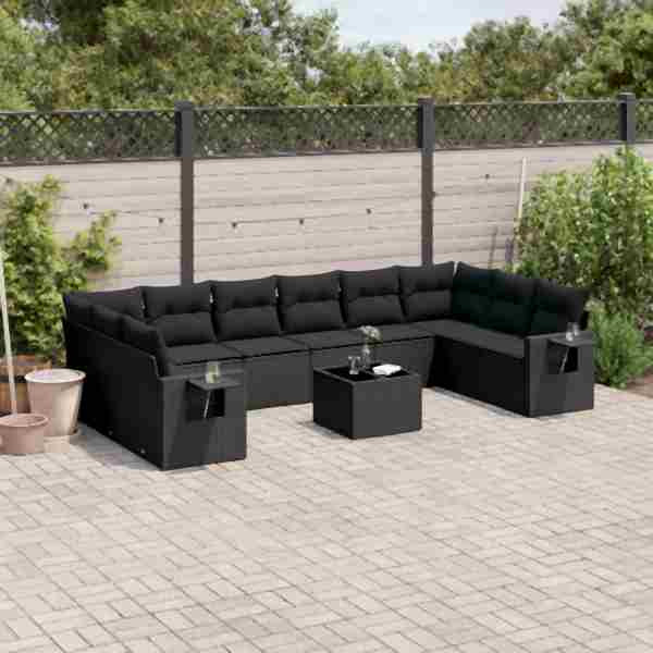 vidaXL 11-tlg. Garten-Sofagarnitur mit Kissen Schwarz Poly Rattan, UV-beständig, 3253012