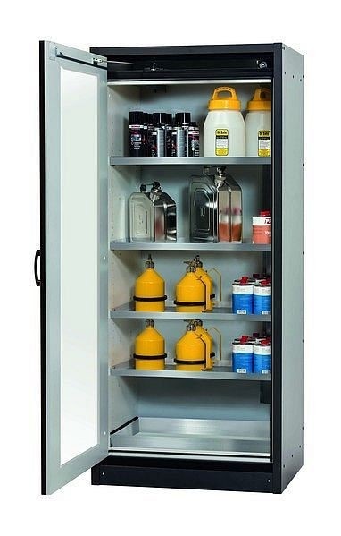 asecos Sicherheitsschrank Q-DISPLAY-30, Q30.195.086.WDFW in verkehrsrot RAL 3020 mit 4x Fachboden (Edelstahl), 32781-066-30050