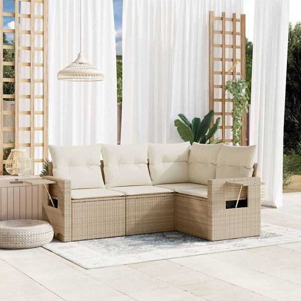 vidaXL 4-teilig Garten-Sofagarnitur mit Kissen Beige Poly Rattan, 3220107