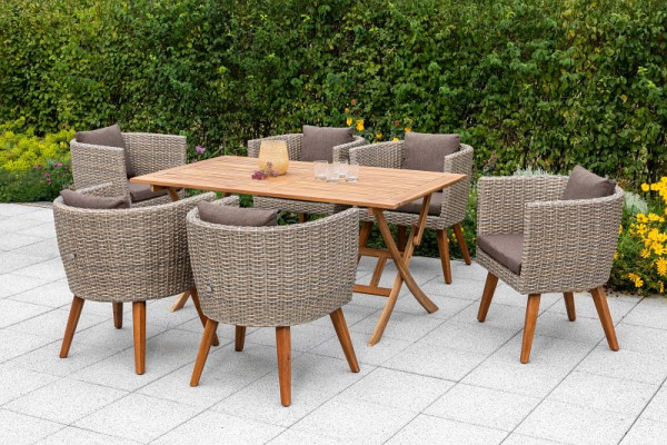 Merxx Imperia Set 7-teilig, 6 Imperia Sessel, inkl. Sitzkissen, 1 Klapptisch 160 x 90 cm, Akazienholz, beige, FSC Akazienholz, 50432-255