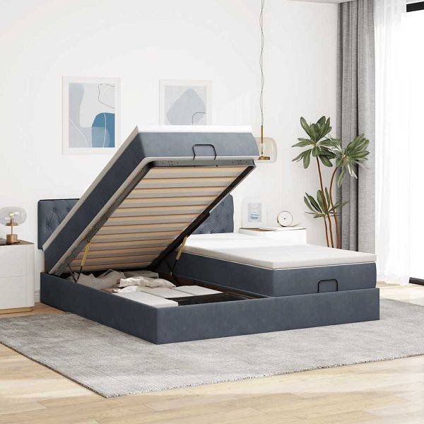 vidaXL Ottoman-Bett mit Matratzen & LEDs Dunkelgrau 160x200 cm Samt, 3312936