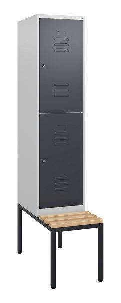C+P Doppelstöckiger Spind Classic PLUS, 1950x400x815mm, 7035/7016, Zylinderschlösser, Sitzleisten aus Buche, mit untergebauter Sitzbank, 0803505-12 S10038