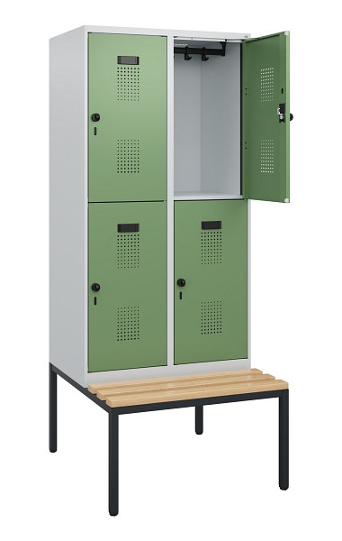 C+P Doppelstöckiger Spind Evolo PLUS, Bank, 4 Fächer, 1950x800x815mm, 7035/6011, Drehriegel, Sitzfläche Buche-Hartholz, Sitzbank, 0493505-22 S10010