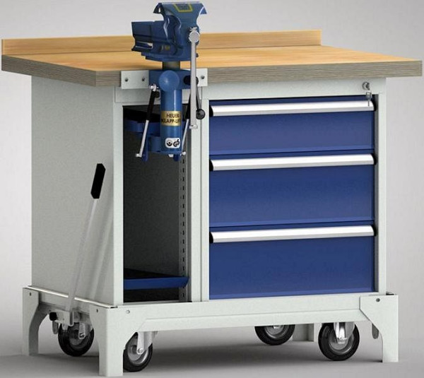 KLW Fahrbare Standard-Werkbank - 1000 x 700 x 866 mm L x B x H, links Schraubstockschrank, rechts 150EA/2x200EA, WS795N-1000M40-E7037