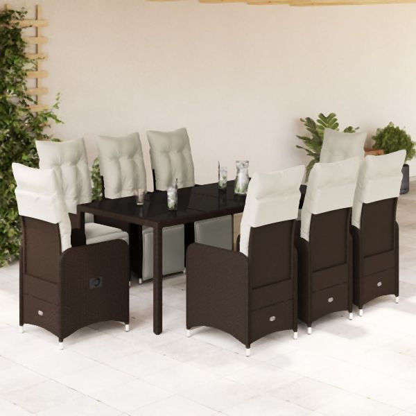 vidaXL 9-tlg. Garten-Bistro-Set mit Kissen Braun Poly Rattan, 3277192
