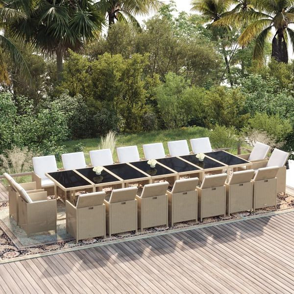 vidaXL 19-teilig Garten-Essgruppe mit Kissen Poly Rattan Beige, 3095651, 8720286846704