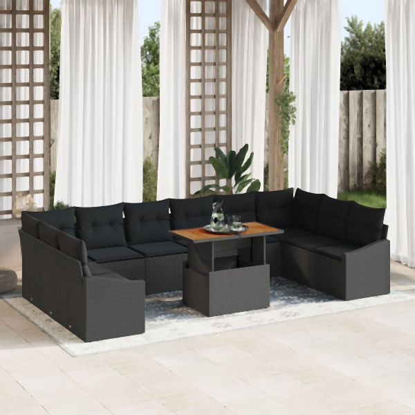 vidaXL Garten-Sofa-Set 11-teilig Schwarz Rattan und Holz Rechteckig, 3358627