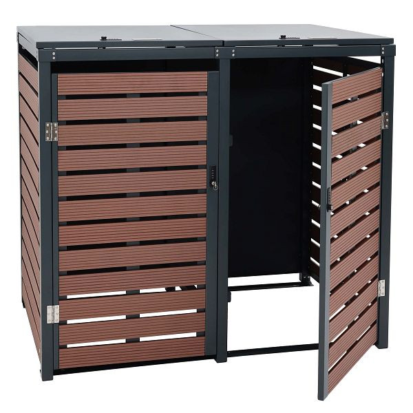 Mendler 2er Mülltonnenverkleidung HWC-K14, Mülltonnenbox Mülltonnenabdeckung, 112x63x78cm WPC Metall 78kg, Walnuss-Holzoptik, 87651+87650