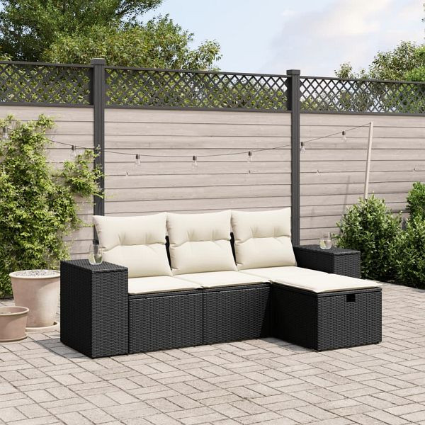 vidaXL 4-teilig Garten-Sofagarnitur mit Kissen Schwarz Poly Rattan, 3264372