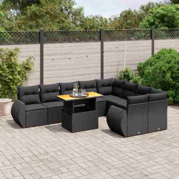 vidaXL 10-tlg. Garten-Sofagarnitur mit Kissen Schwarz Poly Rattan, UV-beständig, 3272350
