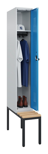 C+P Spind Evolo PLUS, 1 Abteile, 2120x300x815mm, 7035/5012, Haken 3, Drehriegel, Sitzfläche Buche-Hartholz, Sitzbank, 0490507-10 S10007