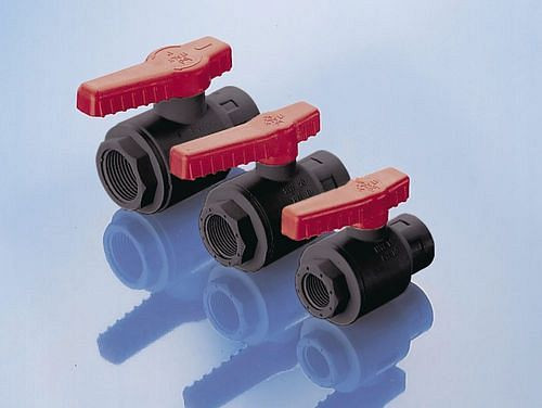 DENIOS Kugelhahn für Fässer, aus PP, 1" Innengewinde für Zu- und Auslauf, NW 25 mm, VE: 3 Stück, 309673