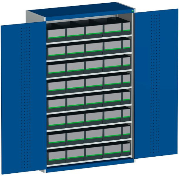 bott cubio Flügeltürschrank bestückt mit 8 Fachböden, 40 bottBoxen BxTxH: 1300 x 525 x 2000 mm, RAL 7035/5010, 40014071.11V