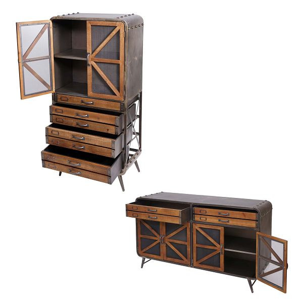 Mendler Wohnzimmer-Set HWC-F91, Sideboard Kommode Highboard Hochschrank, Industrial Tanne Holz Metall, braun-schwarz, 70613+70614