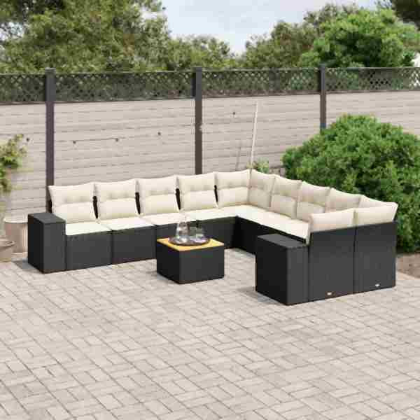 vidaXL 11-tlg. Garten-Sofagarnitur mit Kissen Schwarz Poly Rattan, UV-beständig, 3257967