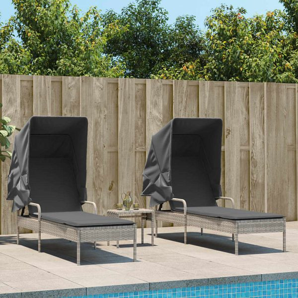 vidaXL Sonnenliegen 2 Stück mit Dach und Tisch Hellgrau Poly Rattan, 3261574