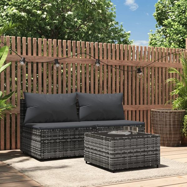 vidaXL 3-teilig Garten-Lounge-Set mit Kissen Grau Poly Rattan, 319771