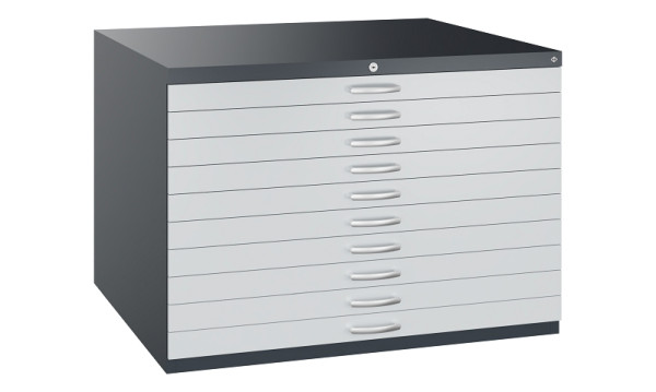 C+P Flachablageschrank Serie 7100_7200, H760xB1100xT765mm, 7016/7035, 10 Schubladenblenden doppelwandig, 7101-000 S10489
