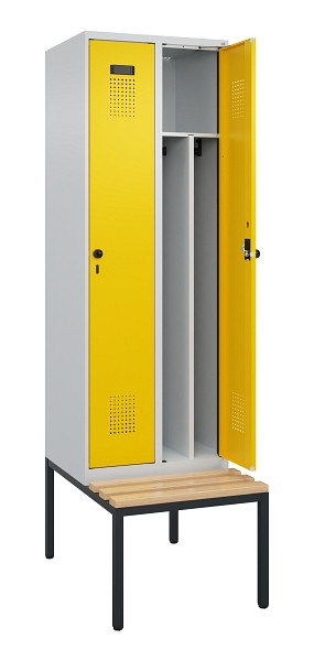 C+P Spind Evolo PLUS, 2 Abteile, 2120x600x815mm, 7035/1023, Drehriegel, Sitzfläche Buche-Hartholz, Sitzbank, 0490507-20F S10001