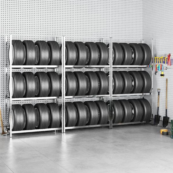 vidaXL Reifenregale mit 3 Böden 3 Stück Silbern 110x40x200 cm Stahl, 3154234