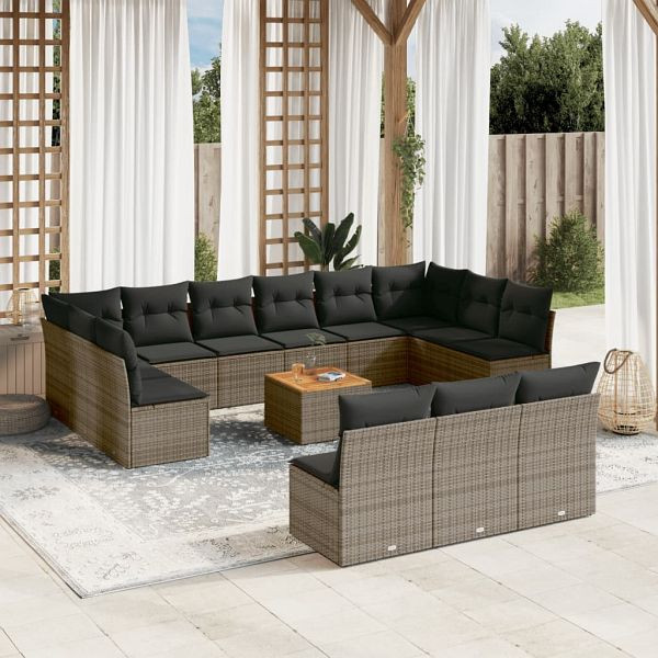 vidaXL 14-tlg. Garten-Sofagarnitur mit Kissen Grau Poly Rattan, 3256235