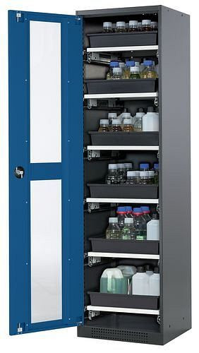 asecos Chemikalienschrank Systema-T CS-56LG, Korpus anthrazit, Flügeltüren blau, 6 Tablarauszüge, 209029
