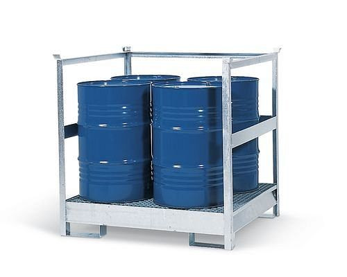 DENIOS Gefahrstoffstation 4 P2-R aus Stahl, verzinkt, für 4 Fässer à 200 Liter, mit Rahmen, stapelbar, 114480