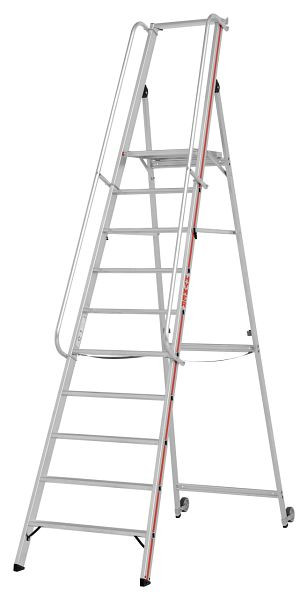 HYMER Plattformleiter mit Kipprollen und langem Handlauf, 10 Stufen, Standhöhe 2,35 m, 808110