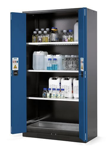 asecos Chemikalienschrank Systema CS-103F, Korpus anthrazit, blau, 3 Einlegeböden und Bodenwanne, 202705