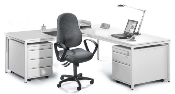 Deskin Winkelkombination BASE L, Tischplatte Lichtgrau, Gestell Lichtgrau RAL 7035, 2 Rollcontainer, 247182