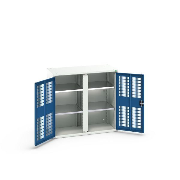 bott verso Garderobenschrank mit Belüftung, mit 4 Fachböden und Trennwand, BxTxH: 1050 x 550 x 1000 mm, Lichtgrau / Enzianblau, 16926763.11