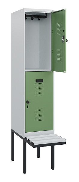C+P Doppelstock-Spind Evolo PLUS, Bank, 2 Fächer, 1950x400x815mm, 7035/6011, Drehriegel, Sitzfläche Kunststoff, 0493405-12 S10099