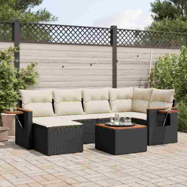 vidaXL 7-tlg. Garten-Sofagarnitur mit Kissen Schwarz Poly Rattan, UV-beständig, 3227022