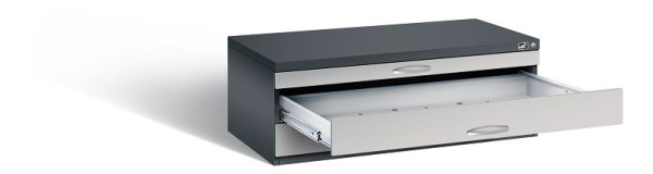 C+P Flachablageschrank Serie 7100_7200, H420xB1100xT765mm, Farbe: Schwarzgrau / Weißaluminium, Bügelgriff, 7100-100 S10056