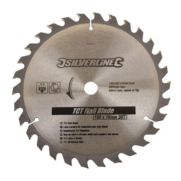 Silverline Nagelfestes Hartmetall-Kreissägeblatt, 30 Zähne, 190 x 16, ohne Reduzierringe, 633507