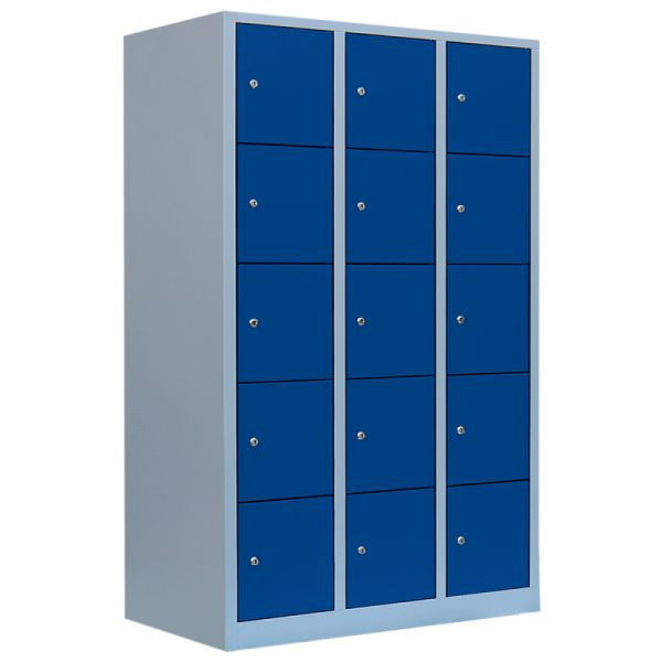 Lüllmann XL Schließfachschrank, 3 Abteile, 15 Fächer, 1900 x 1185 x 450 mm, lichtgrau/enzianblau, 523931