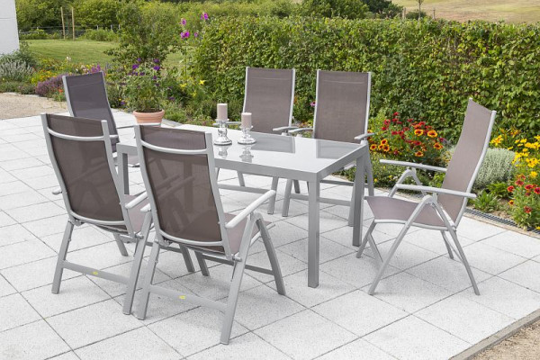 Merxx Carrara Set 7-teilig, 6 Klappsessel, Rückenlehne 5-fach verstellbar, 1 Tisch 150 x 90 cm, graue Glasplatte, silber/taupe, 50318-325
