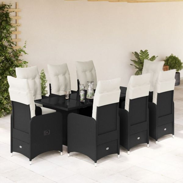 vidaXL 9-tlg. Garten-Bistro-Set mit Kissen Schwarz Poly Rattan, 3276998