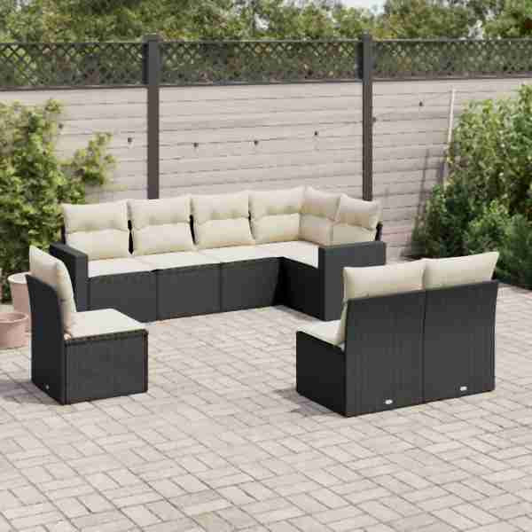 vidaXL 8-tlg. Garten-Sofagarnitur mit Kissen Schwarz Poly Rattan, UV-beständig, 3251403