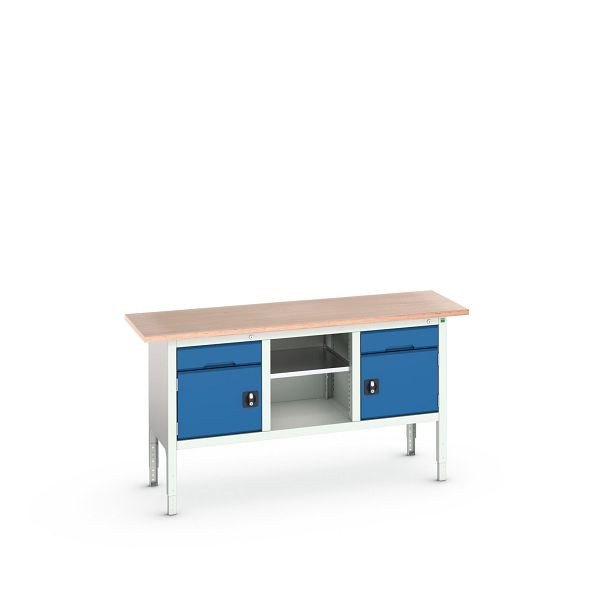 bott verso Kastenwerkbank (Multiplex-Platte) 2 Schubladen, 2 Türen und 1 Ablageboden, BxTxH: 1750 x 600 x 830 - 930 mm, Lichtgrau / Enzianblau, 16923021.11