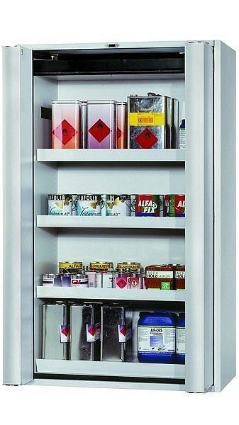 asecos Sicherheitsschrank S-PHOENIX touchless-90, S90.196.120.FDAO in lichtgrau RAL 7035 mit 3x Wannenboden Standard (Stahlblech), 30120-001-30133