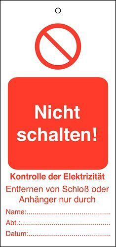 DENIOS Anhänger für Warnhinweis "Nicht schalten - Elektrizität", inkl. Kabelbinder, VE: 10 Stück, 209706