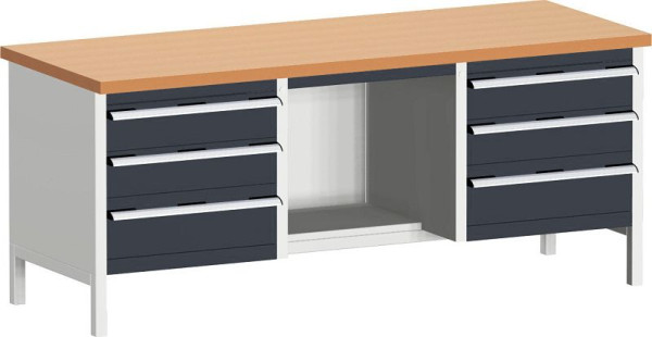 bott cubio Kastenwerkbank mit 6 Schubladen Ablage, Arbeitsplatte BxTxH: 2000 x 750 x 840 mm, RAL 7035/7016, 41002074.19V