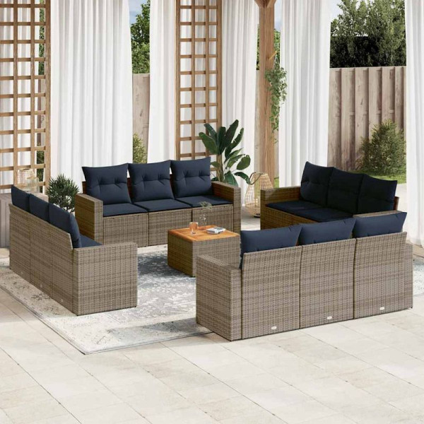 vidaXL 13-teilige Garten-Sofagarnitur mit Kissen Grau Poly Rattan, 3256390
