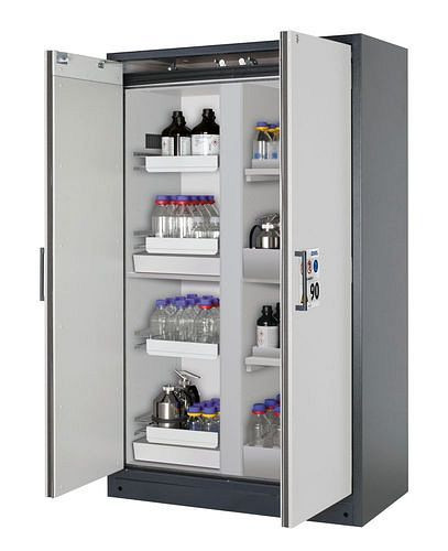 asecos Feuerbeständiger Gefahrstoffschrank Select, Mittelwand, mit Auszugs- und Bodenwannen, weiß, 266869
