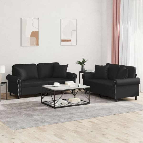 vidaXL 2-tlg. Sofagarnitur mit Kissen Schwarz Kunstleder, 3202160