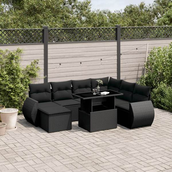 vidaXL 8-tlg. Garten-Sofagarnitur mit Kissen Schwarz Poly Rattan, UV-beständig, 3268695