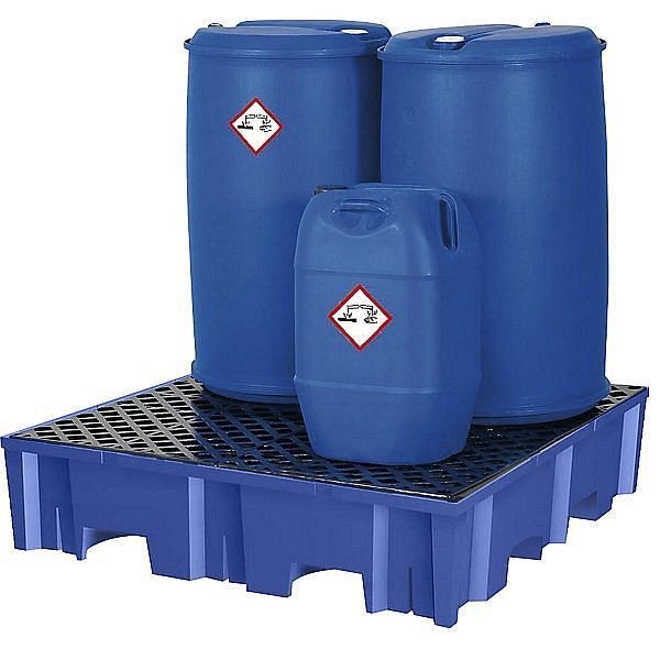 asecos PE-Auffangwanne für 4 x 200-l-Fässer, Maße 1235 x 1235 mm, Auffangvolumen 255 l, mit PE-Rost, 31862