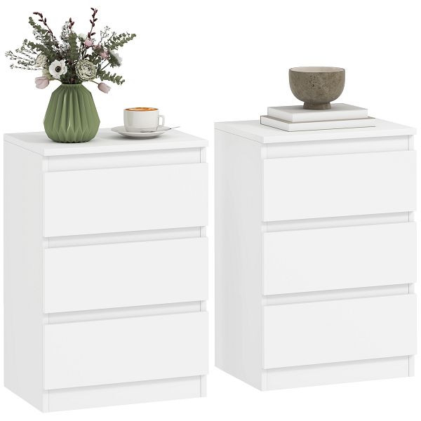HOMCOM Nachttische im 2er-Set, 3 Schubladen, griffloses Design, Holzoptik, Weiß, 831-995V91WT
