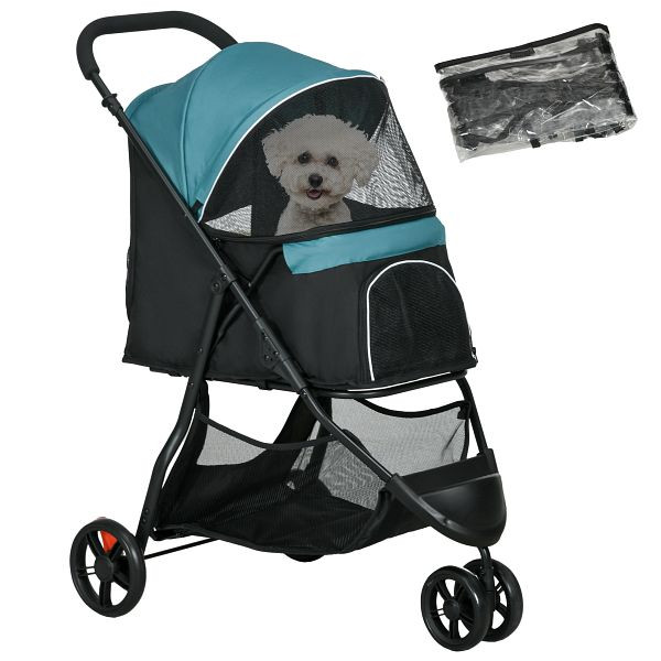 PawHut Haustierbuggy Hundebuggy, klappbar, mit Regenschutz, 2 Getränkehalter, Blau + Dunkelgrün, D00-193V00DG